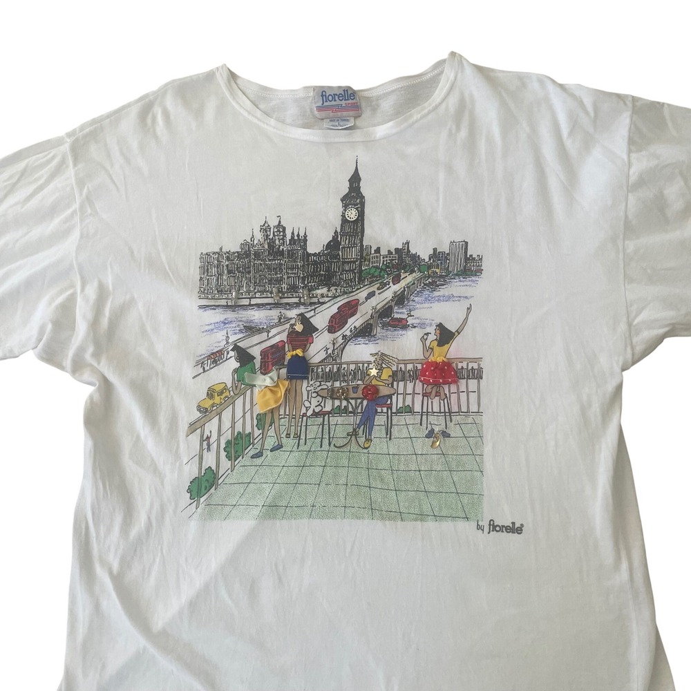 Vintage Fiorelle Sport Boxy Shirt London Skyline Women L Beaded Embellished READ